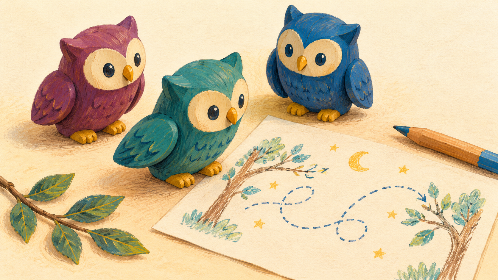 Three invented owl tokens beside a paper flight-path sketch and a pencil.