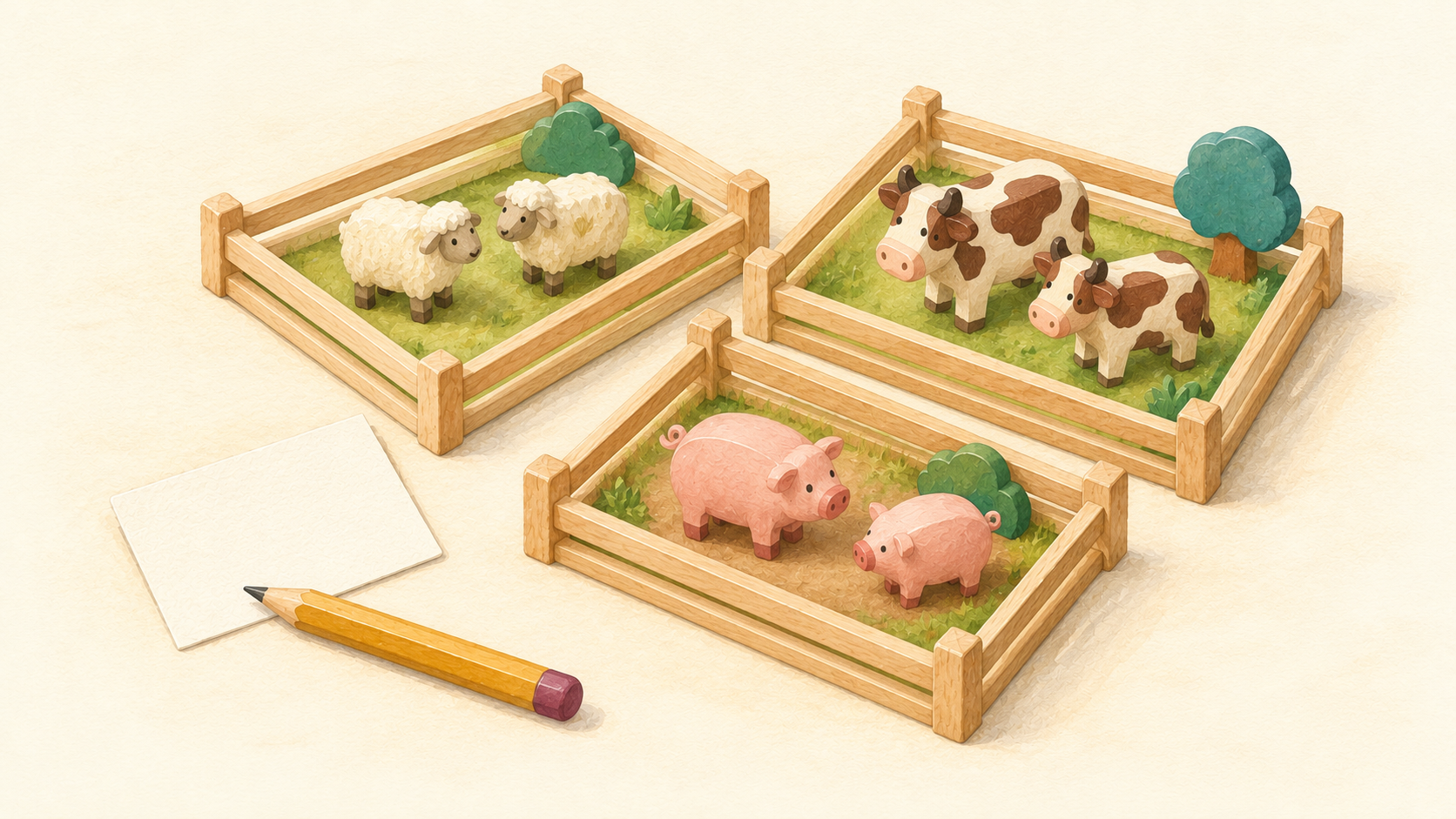 Generic pairs of toy sheep, cows and pigs in separate fenced spaces beside a paper card and pencil.