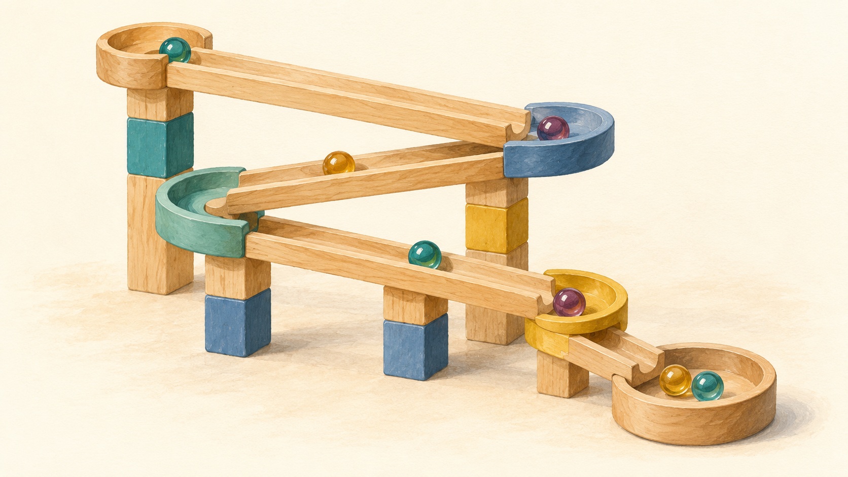 Painted illustration of a wooden marble run with colored turning cups, descending ramps and a collection bowl.