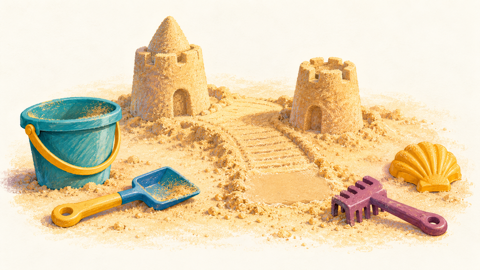 Generic bucket, shovel, rake and shell mold beside two low sand towers and a raked path.