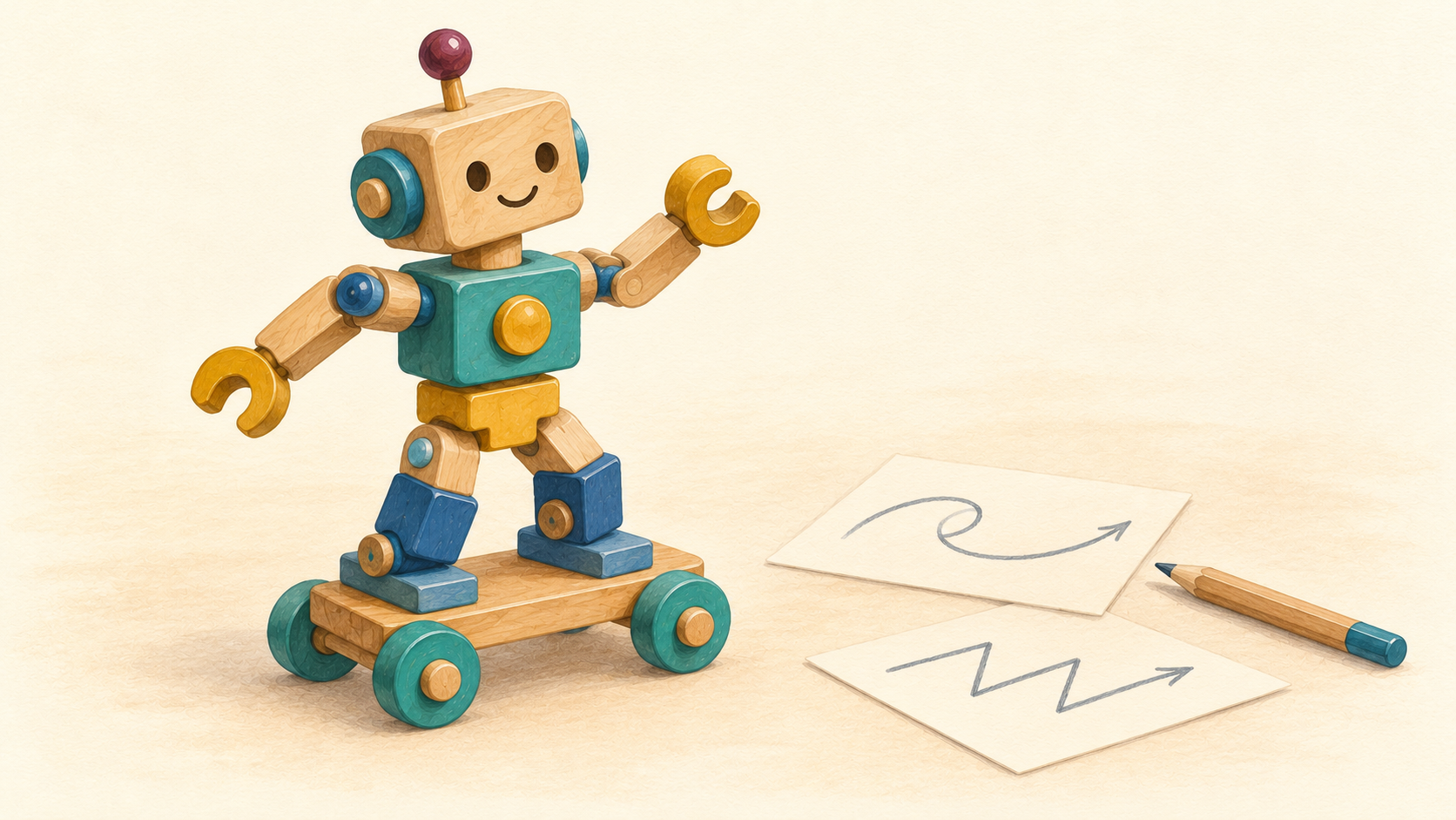 Generic toy robot on a wheeled base beside two paper movement sketches and a pencil.