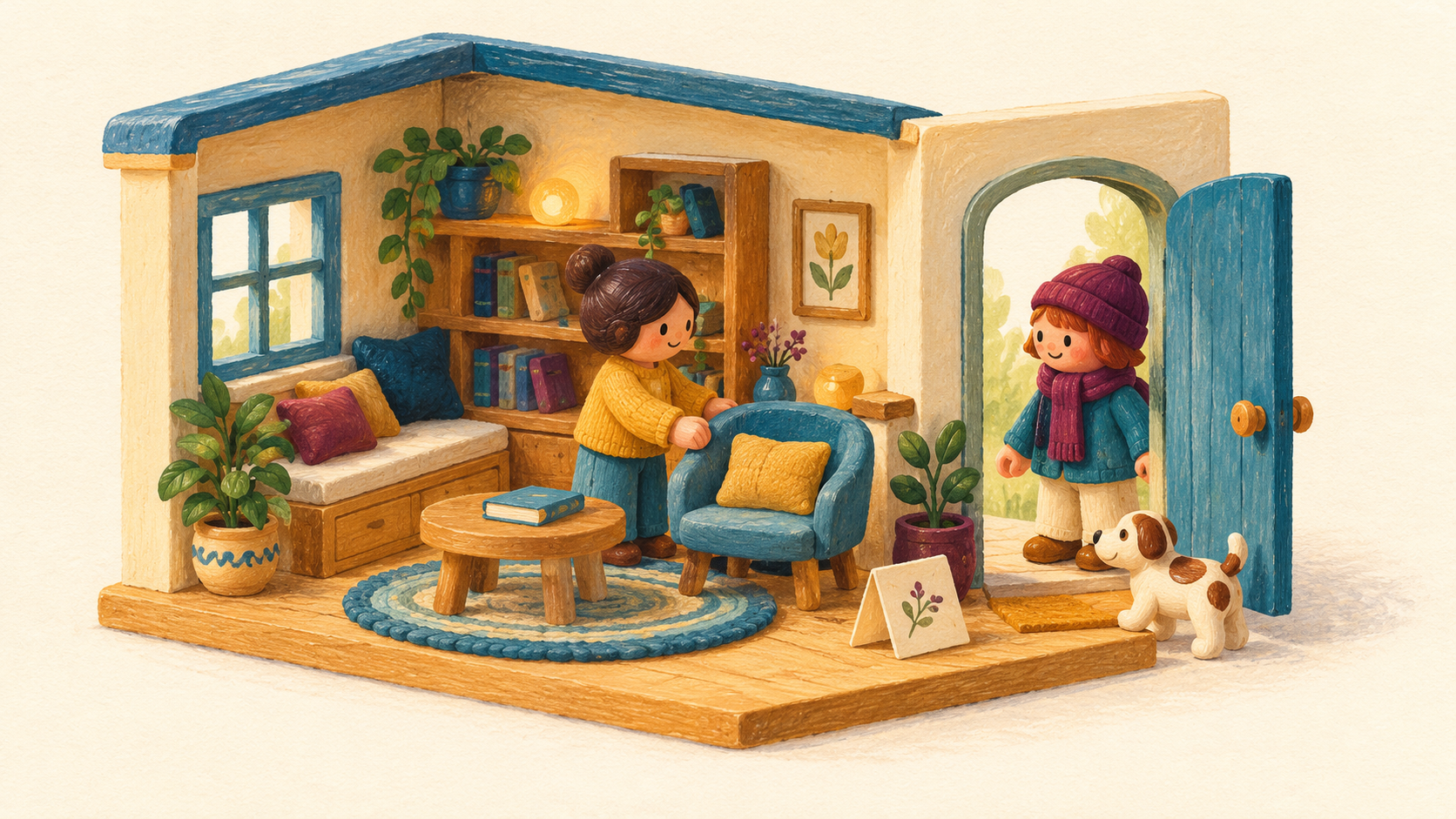 An invented miniature room with two toy figures, a dog, a chair and a folded visitor message.