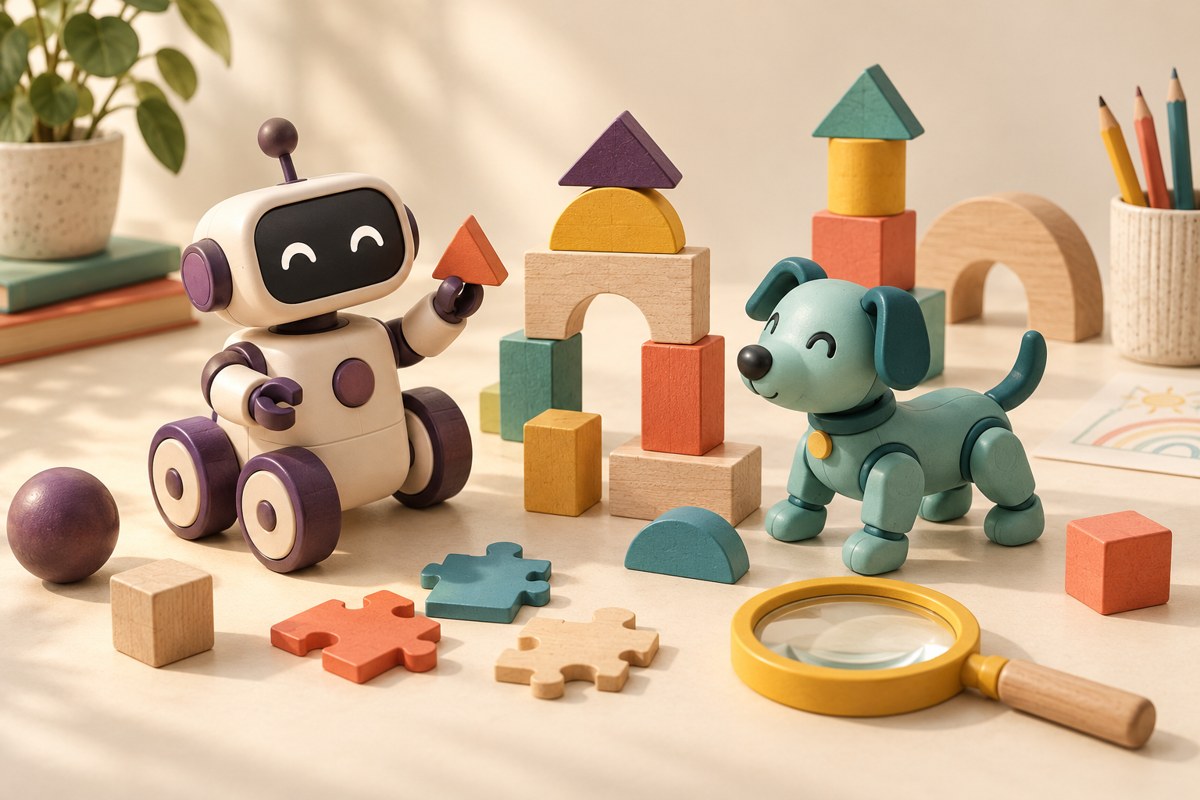 An illustrated toy robot and mechanical dog beside wooden blocks, puzzle pieces and a magnifying glass