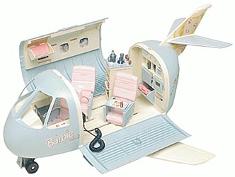 Pale blue Barbie airplane opened to show pink seats, cabin service area, cockpit and microphone