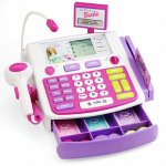 White, pink and purple Barbie cash register with a keypad, display, tethered accessories and an open divided cash drawer.