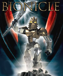 BIONICLE artwork showing an armored masked figure with gold and silver coloring, framed by red blades of light.