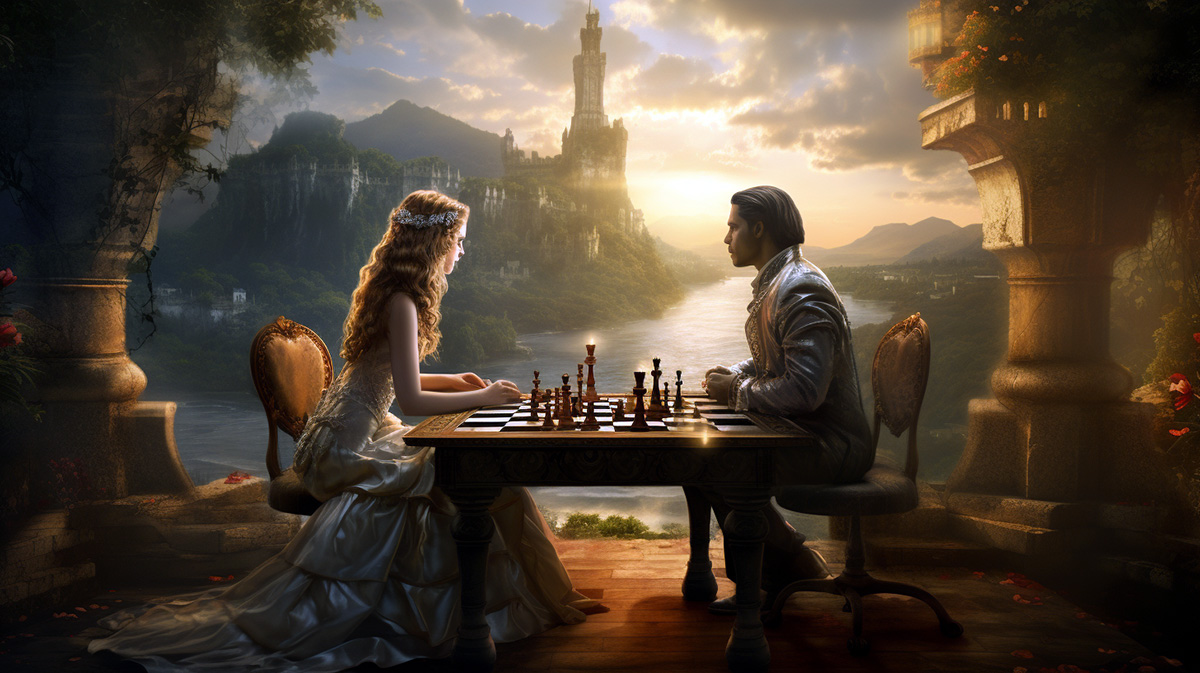 Queen and King Playing Chess