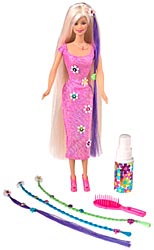 Long-haired blonde Barbie in a pink floral dress, with colored hair extensions, clips, brush and a spray-bottle accessory.