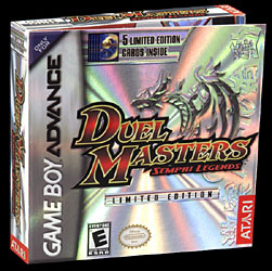 Limited Edition Duel Masters: Sempai Legends Game Boy Advance box with dragon artwork and a five-card promotional banner.