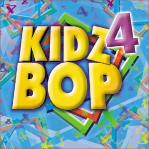 Yellow Kidz Bop lettering and a purple number 4 against a blue cover with colorful geometric outlines.