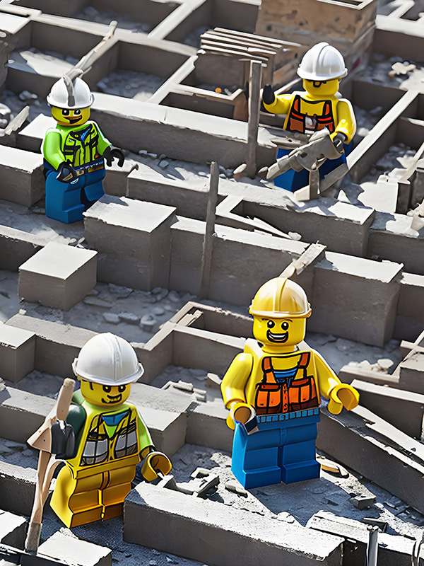 Illustration of four construction minifigures wearing hard hats among gray walls and building materials.
