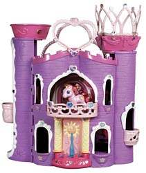 Purple Celebration Castle with two pink-topped turrets, a heart-shaped arch, a crown and a small pony on the balcony.