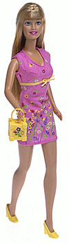 Blonde Pretty Flowers Barbie in a pink floral dress with yellow trim, shoes, ring and a small yellow handbag.