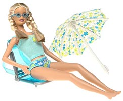 Rain or Sun Barbie in turquoise beachwear and sunglasses, reclining in a blue chair beneath a floral umbrella.