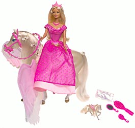 A princess doll in a bright pink gown riding a pale winged horse, with a tiny horse and pink grooming accessories nearby.