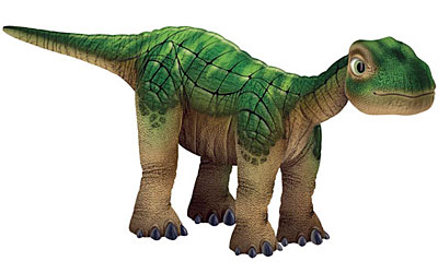 Green Pleo robotic dinosaur with a long neck and tail
