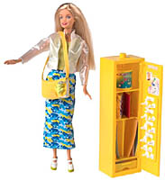 Blonde Secret Messages Barbie in a translucent jacket and blue patterned skirt, beside an open yellow locker.