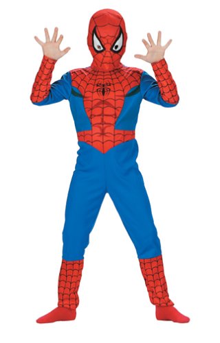Child wearing a red-and-blue Spider-Man suit with printed web panels, white mask eyes and red foot coverings.